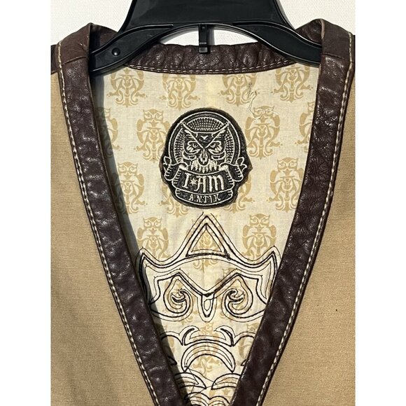 New I AM ANTIK Beige Brown Faux Leather Canvas Western Indian Handmade Vest - Picture 4 of 5